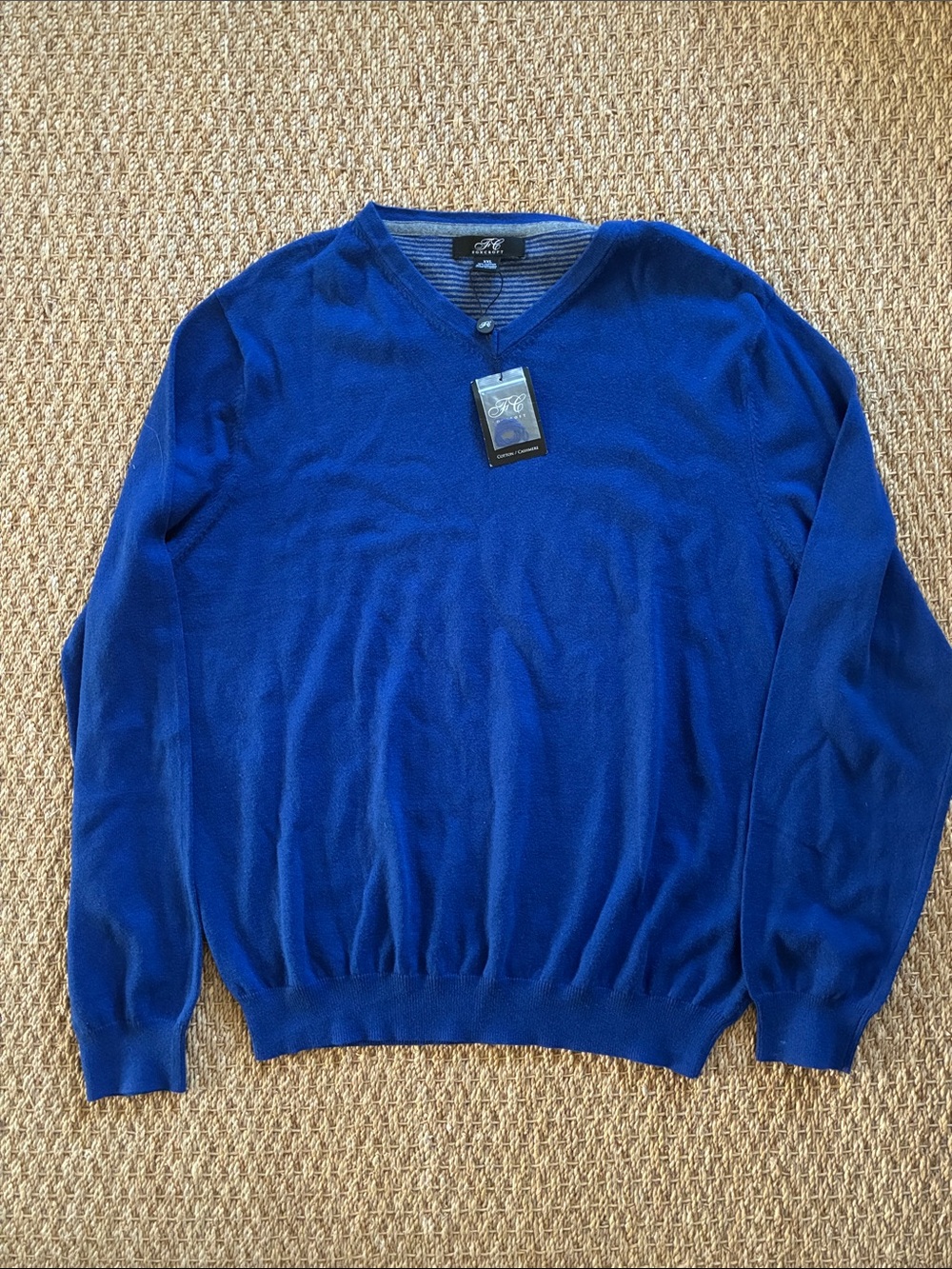 Foxcroft Men's Royal Blue Cashmere/Cotton V-Neck Sweater, XXL